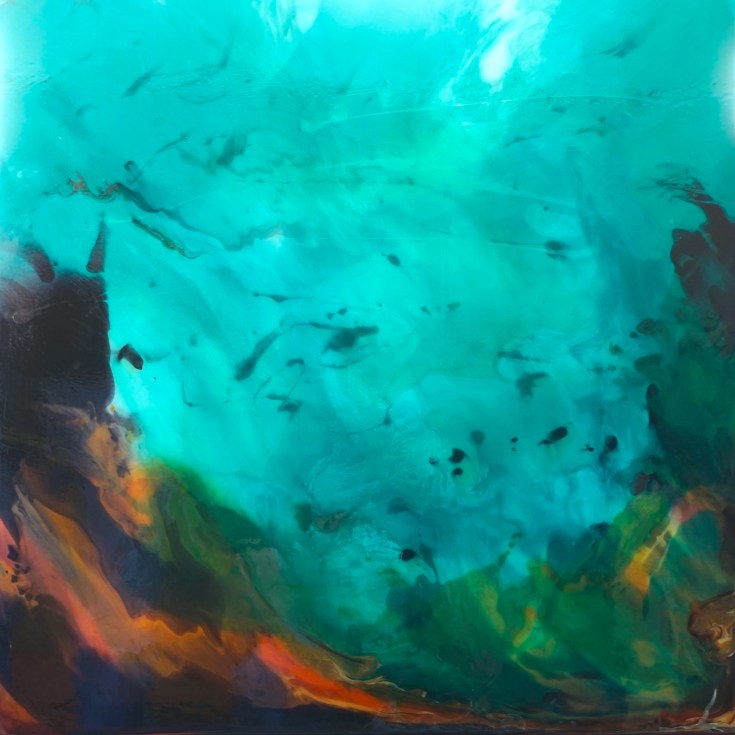 contemporary, abstracted underwater painting, blues and oranges, by Linda Ryan